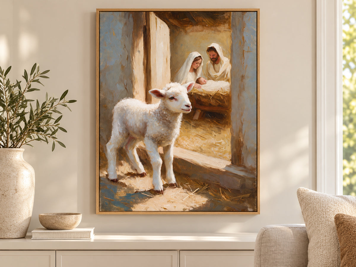 A Lamb Beside the Manger on canvas in an oak floating frame in a neutral family room