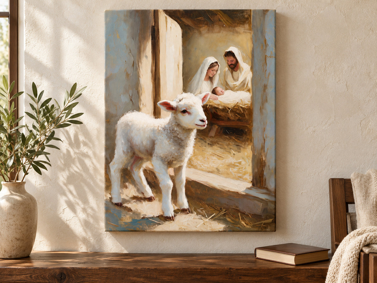 A Lamb Beside the Manger as an unframed canvas above a walnut bench in a reading corner