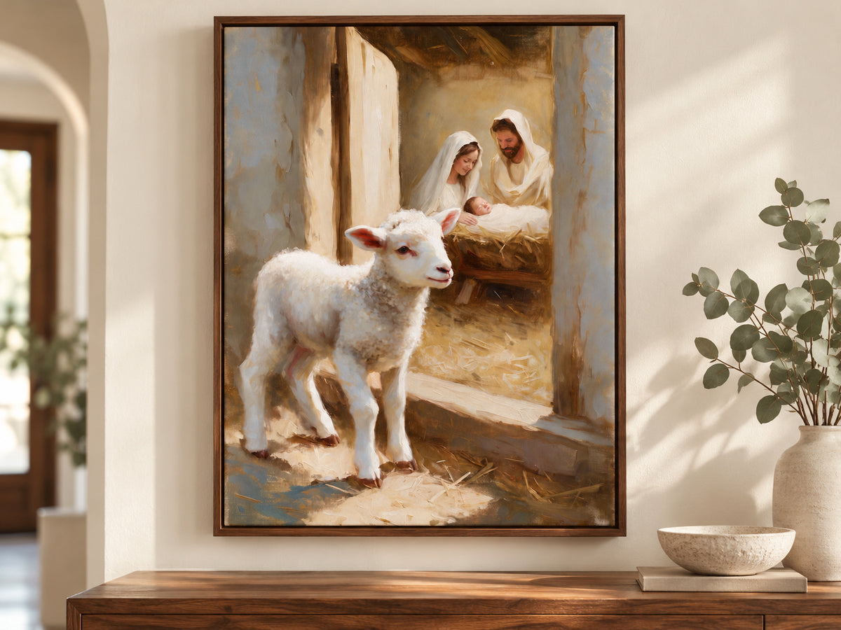 A Lamb Beside the Manger on canvas in a walnut floating frame above an entry console