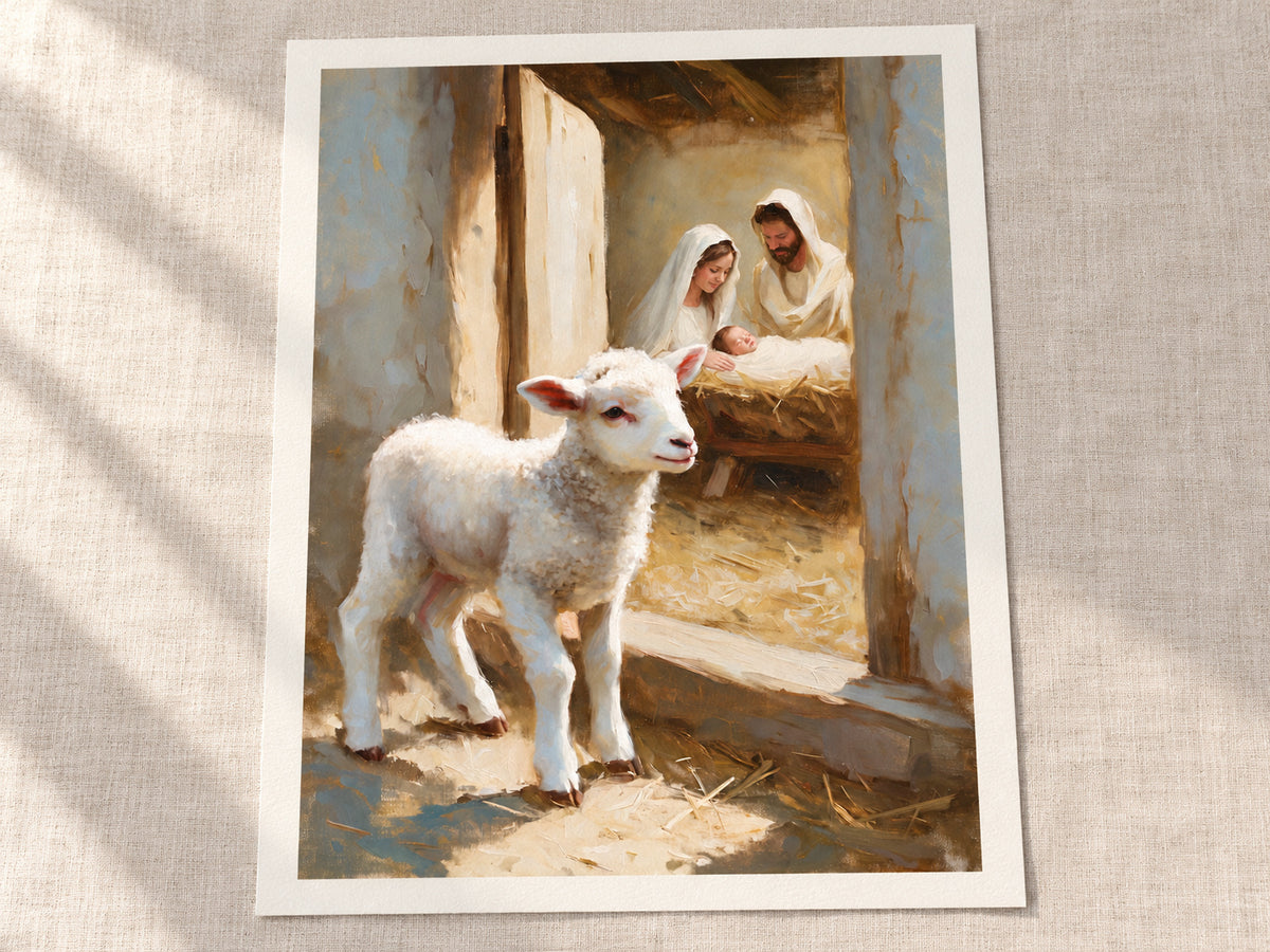 A Lamb Beside the Manger as a loose warm-white paper print with an even half-inch margin