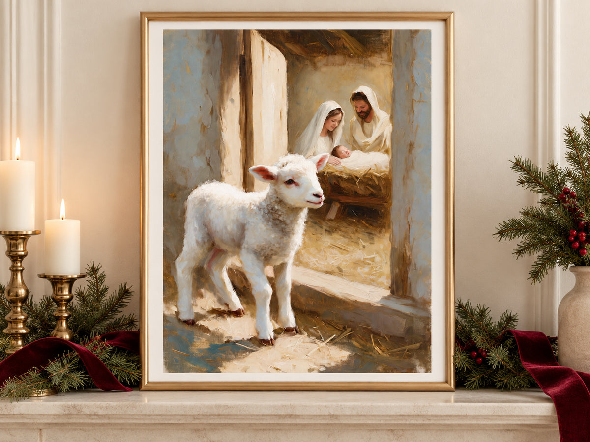 A Lamb Beside the Manger in a gold frame on a Christmas mantel with greenery and velvet ribbon