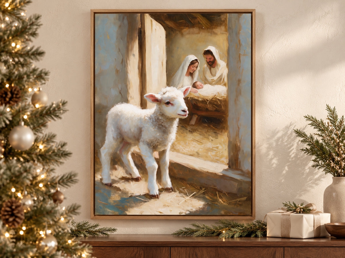 A Lamb Beside the Manger on canvas beside a softly lit Christmas tree in a family room