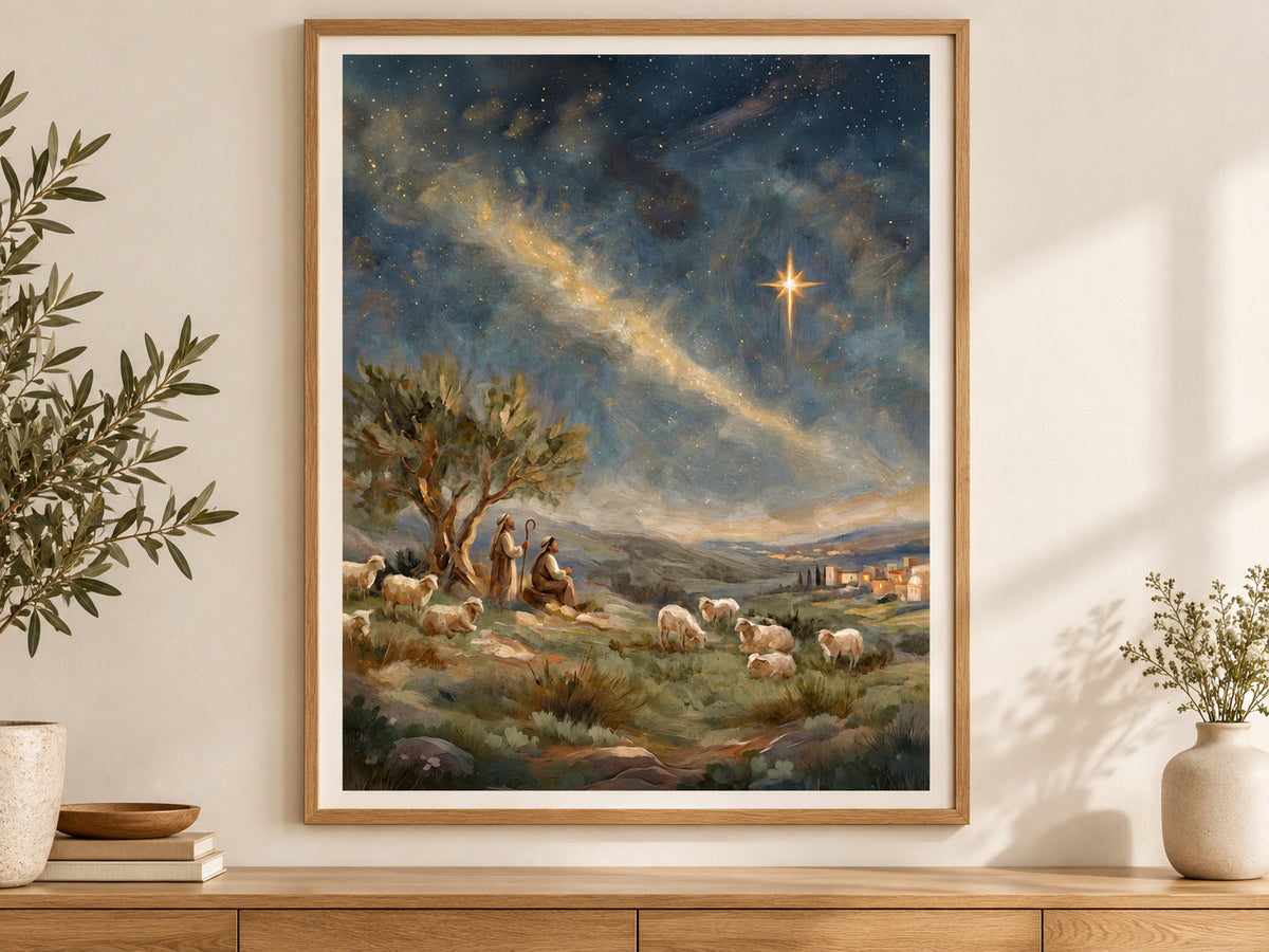 Follow the Light #3 vertical fine art paper print displayed in oak living room.