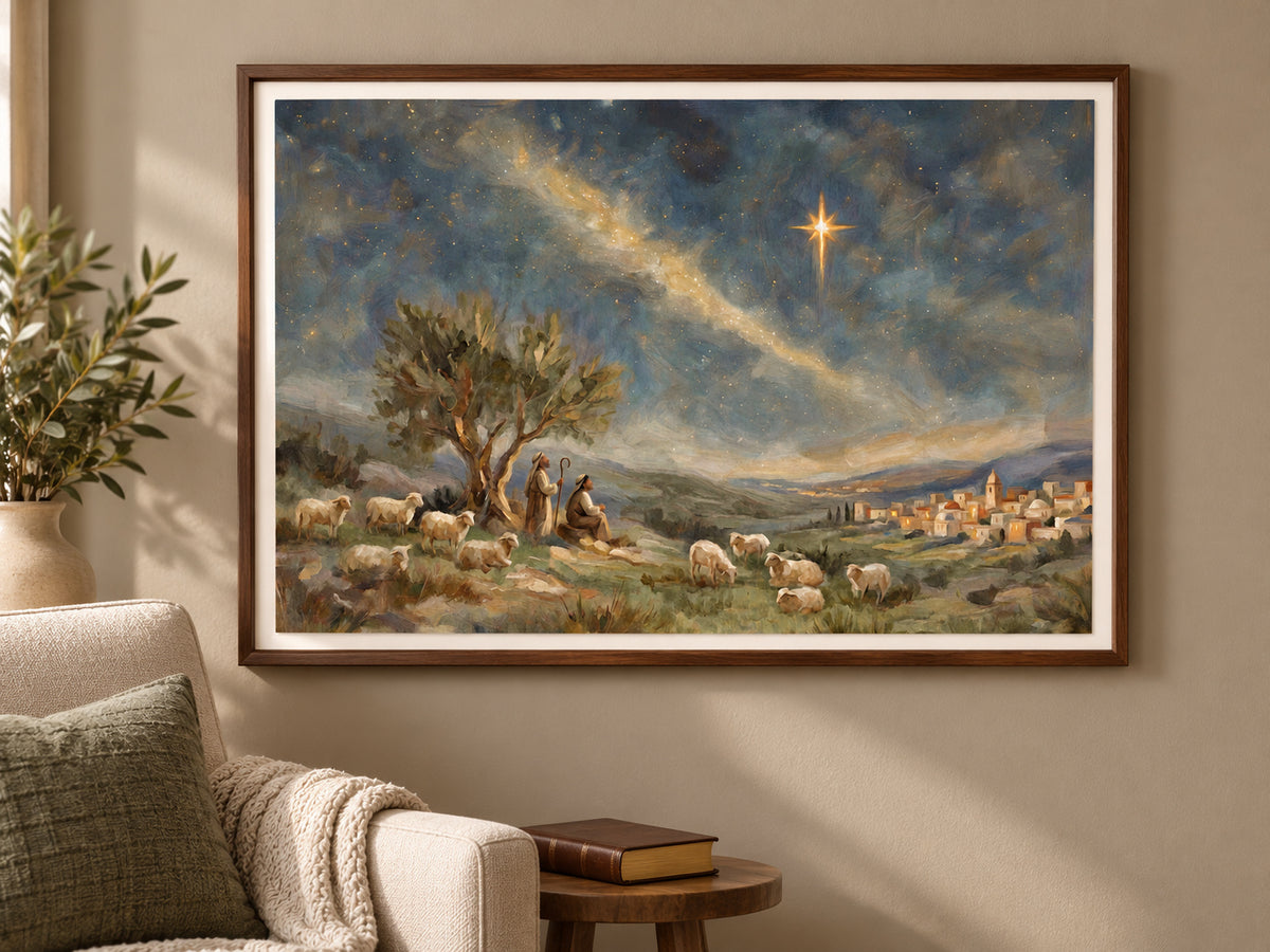 Follow the Light #3 horizontal fine art paper print displayed in walnut reading nook.