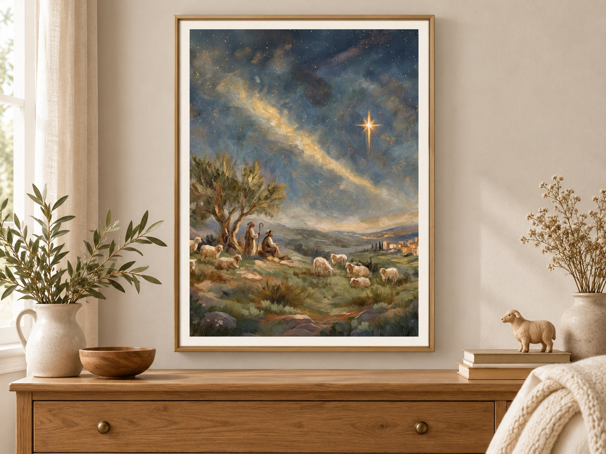 Follow the Light #3 vertical fine art paper print displayed in gold bedroom.