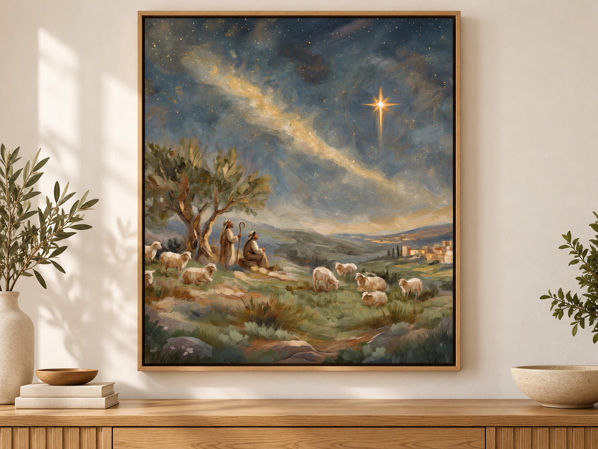 Follow the Light #3 vertical canvas artwork displayed in oak floating frame.
