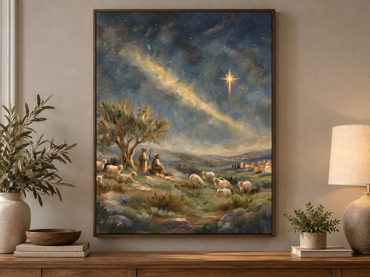 Follow the Light #3 vertical canvas artwork displayed in walnut entryway.