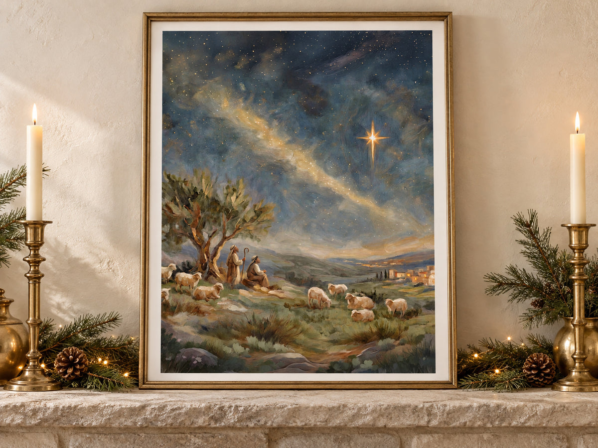 Follow the Light #3 vertical fine art paper print displayed in Christmas paper mantel.