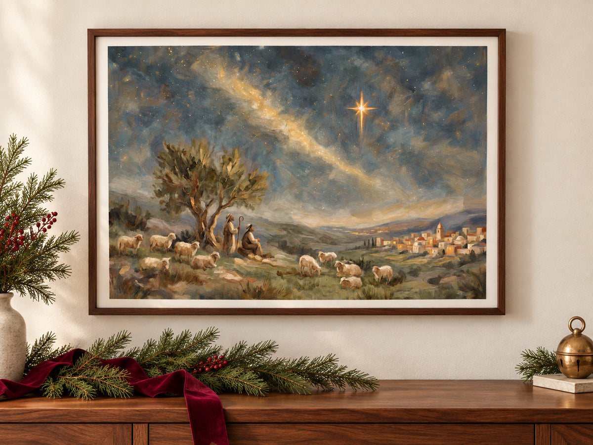 Follow the Light #3 horizontal fine art paper print displayed in Christmas paper console.