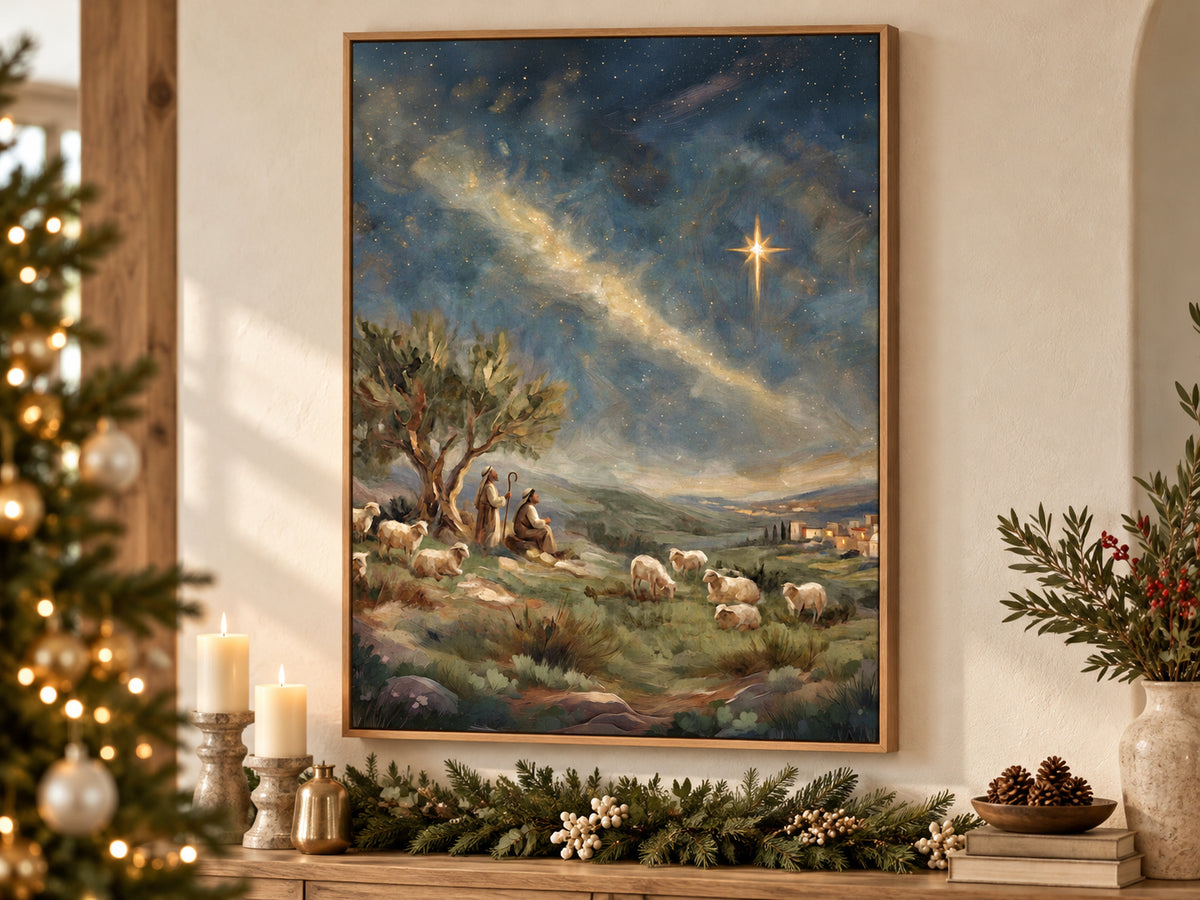 Follow the Light #3 vertical canvas artwork displayed in Christmas canvas living room.
