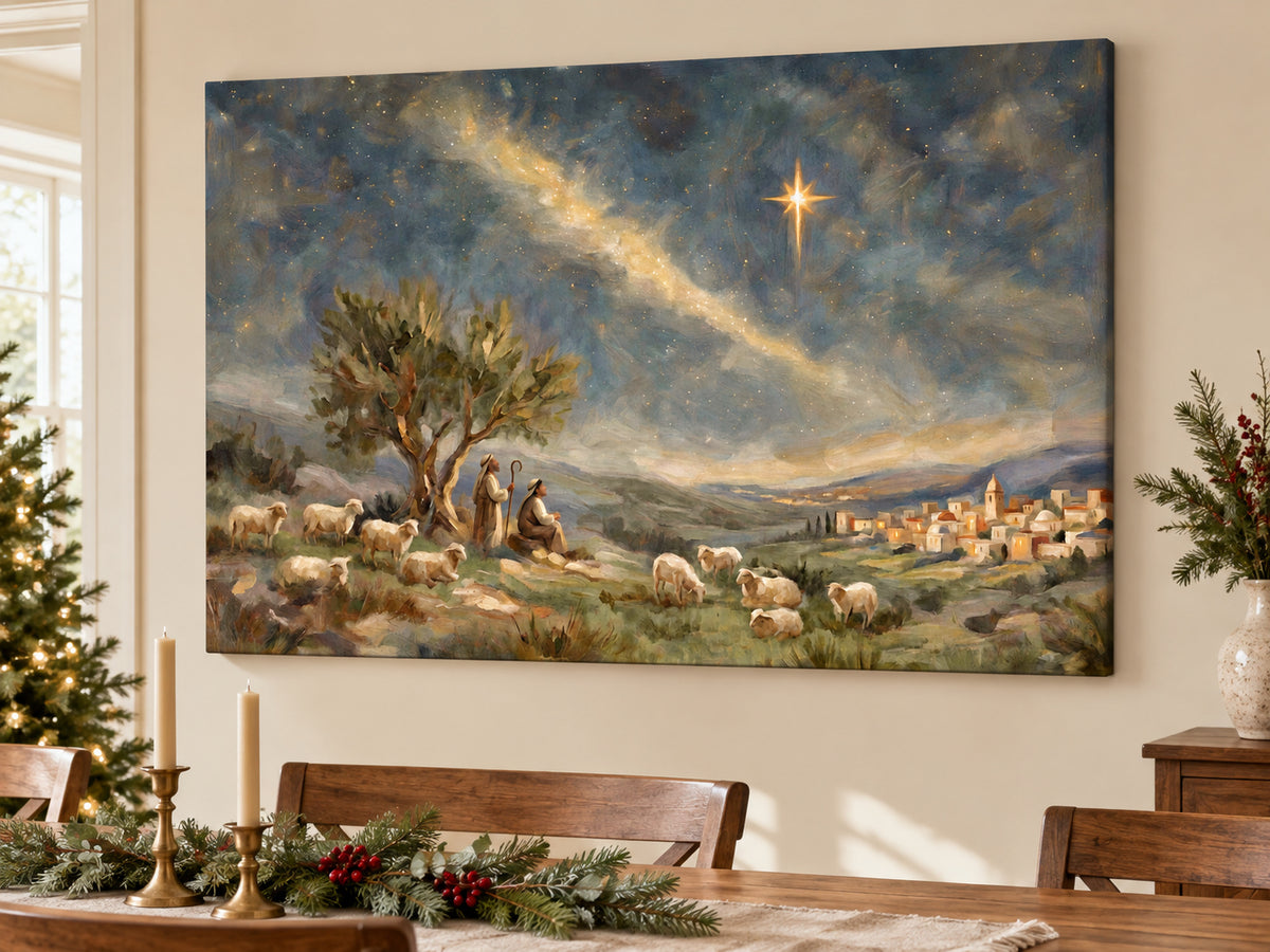 Follow the Light #3 horizontal canvas artwork displayed in Christmas canvas dining room.