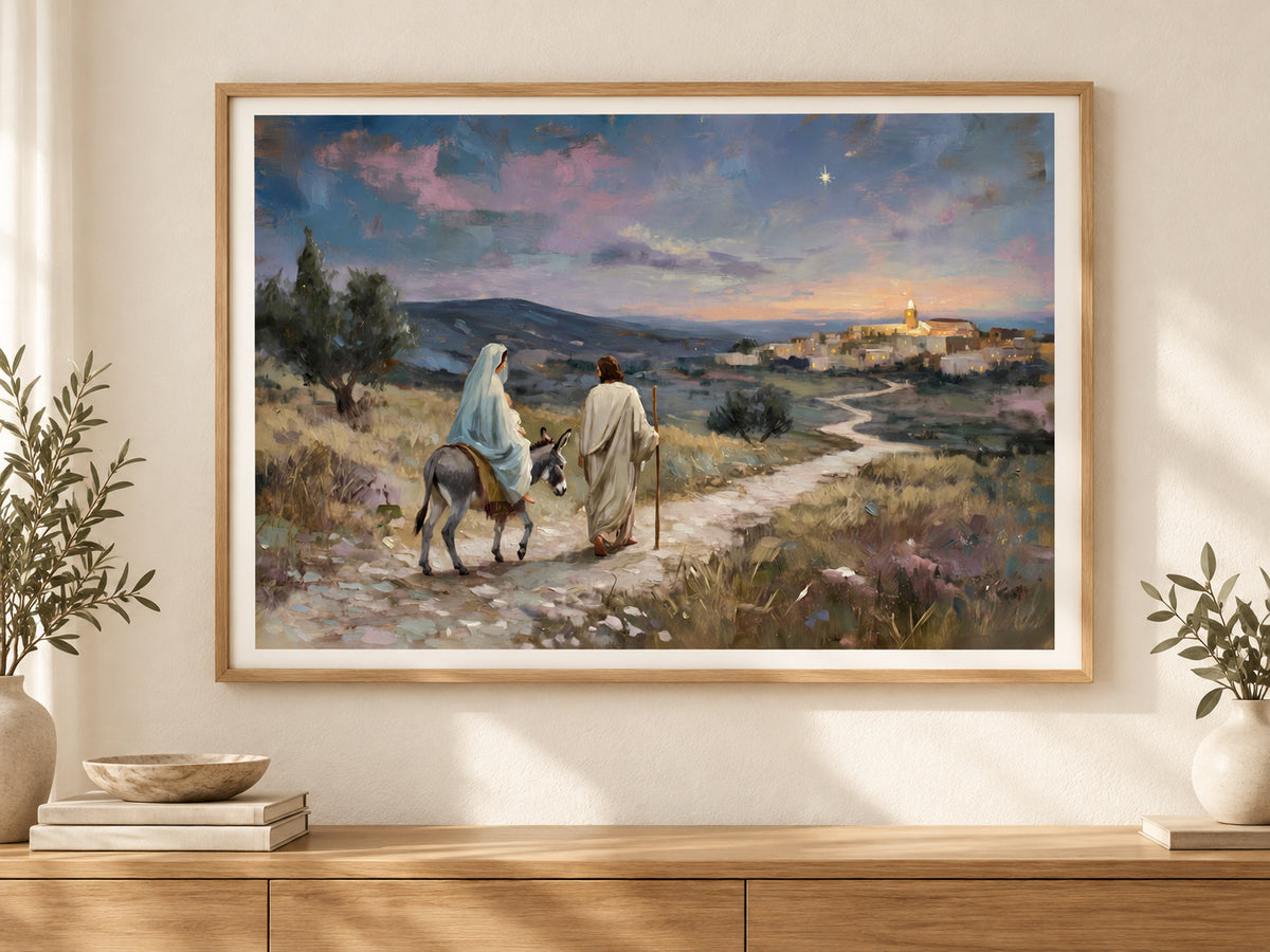 Guided to Bethlehem #2 horizontal fine art paper print displayed in oak living room.