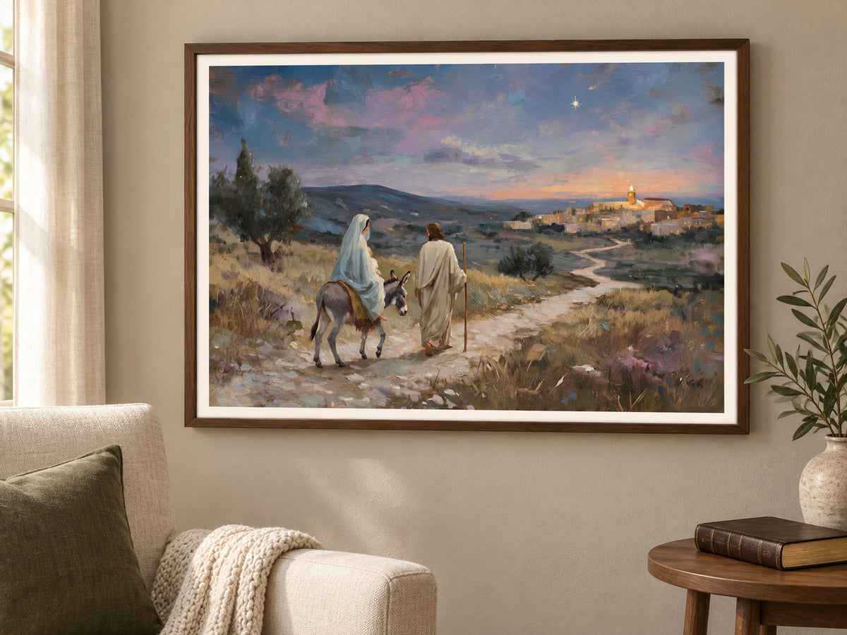 Guided to Bethlehem #2 horizontal fine art paper print displayed in walnut reading nook.