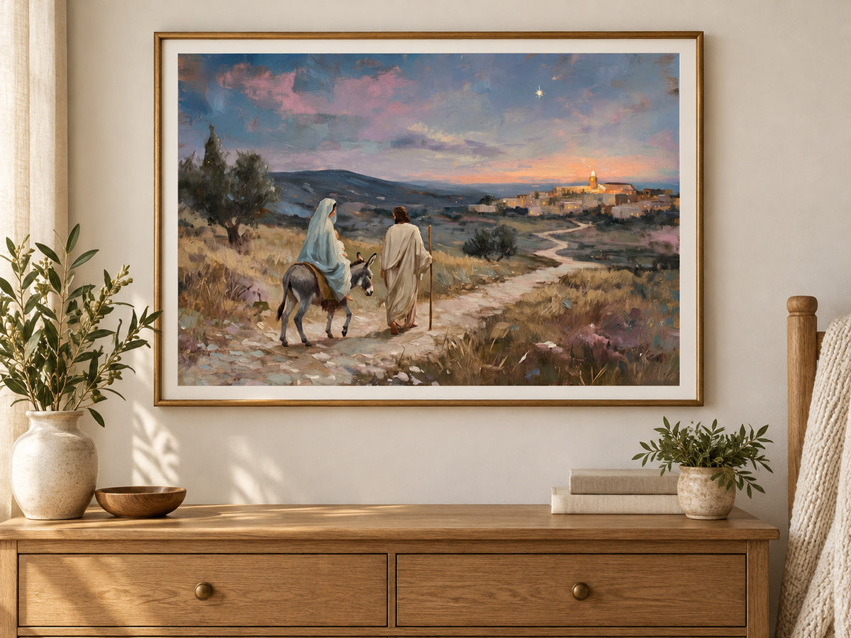 Guided to Bethlehem #2 horizontal fine art paper print displayed in gold bedroom.