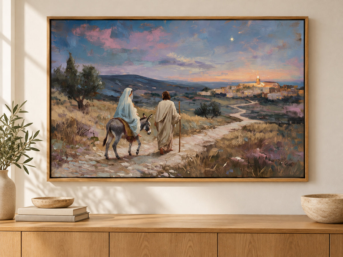 Guided to Bethlehem #2 horizontal canvas artwork displayed in oak floating frame.