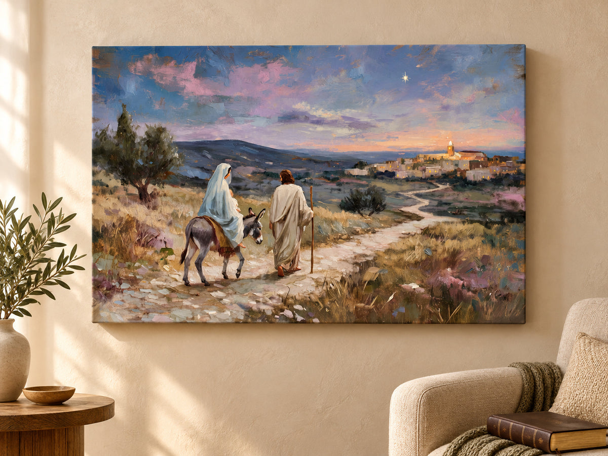 Guided to Bethlehem #2 horizontal canvas artwork displayed in unframed prayer space.