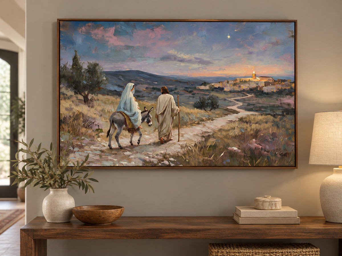 Guided to Bethlehem #2 horizontal canvas artwork displayed in walnut entryway.