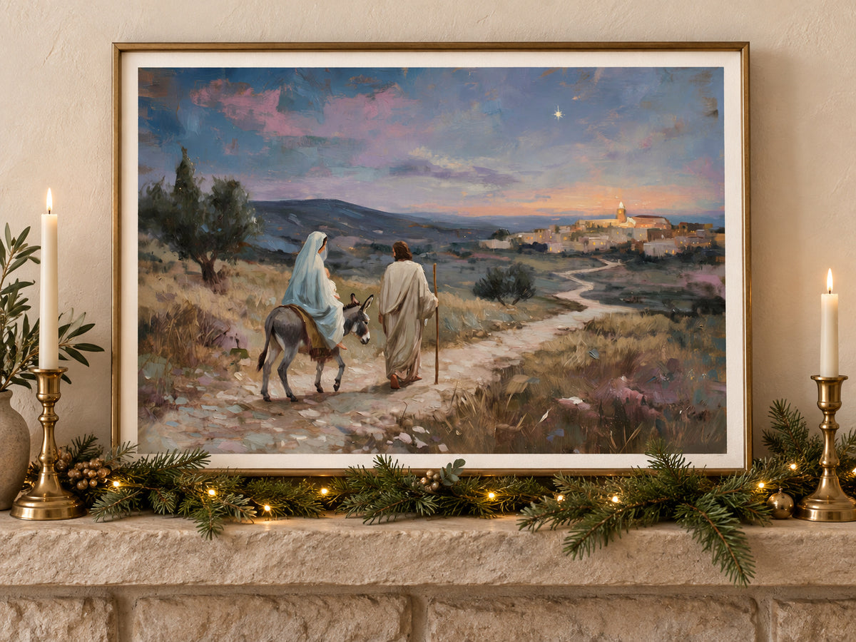 Guided to Bethlehem #2 horizontal fine art paper print displayed in Christmas paper mantel.