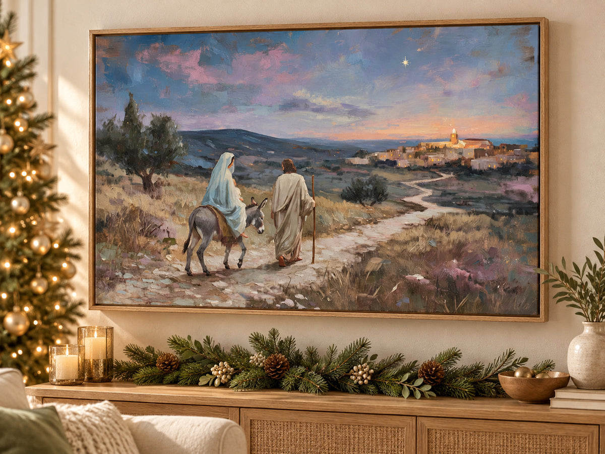 Guided to Bethlehem #2 horizontal canvas artwork displayed in Christmas canvas living room.