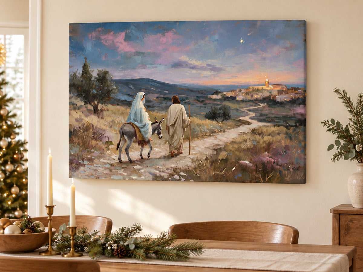 Guided to Bethlehem #2 horizontal canvas artwork displayed in Christmas canvas dining room.