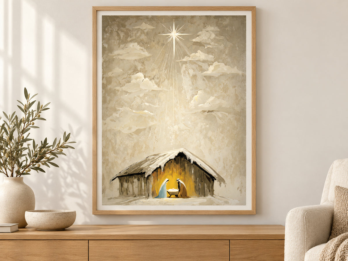 Heaven Came Down #3 in a slim oak frame above a console in a sunlit living room