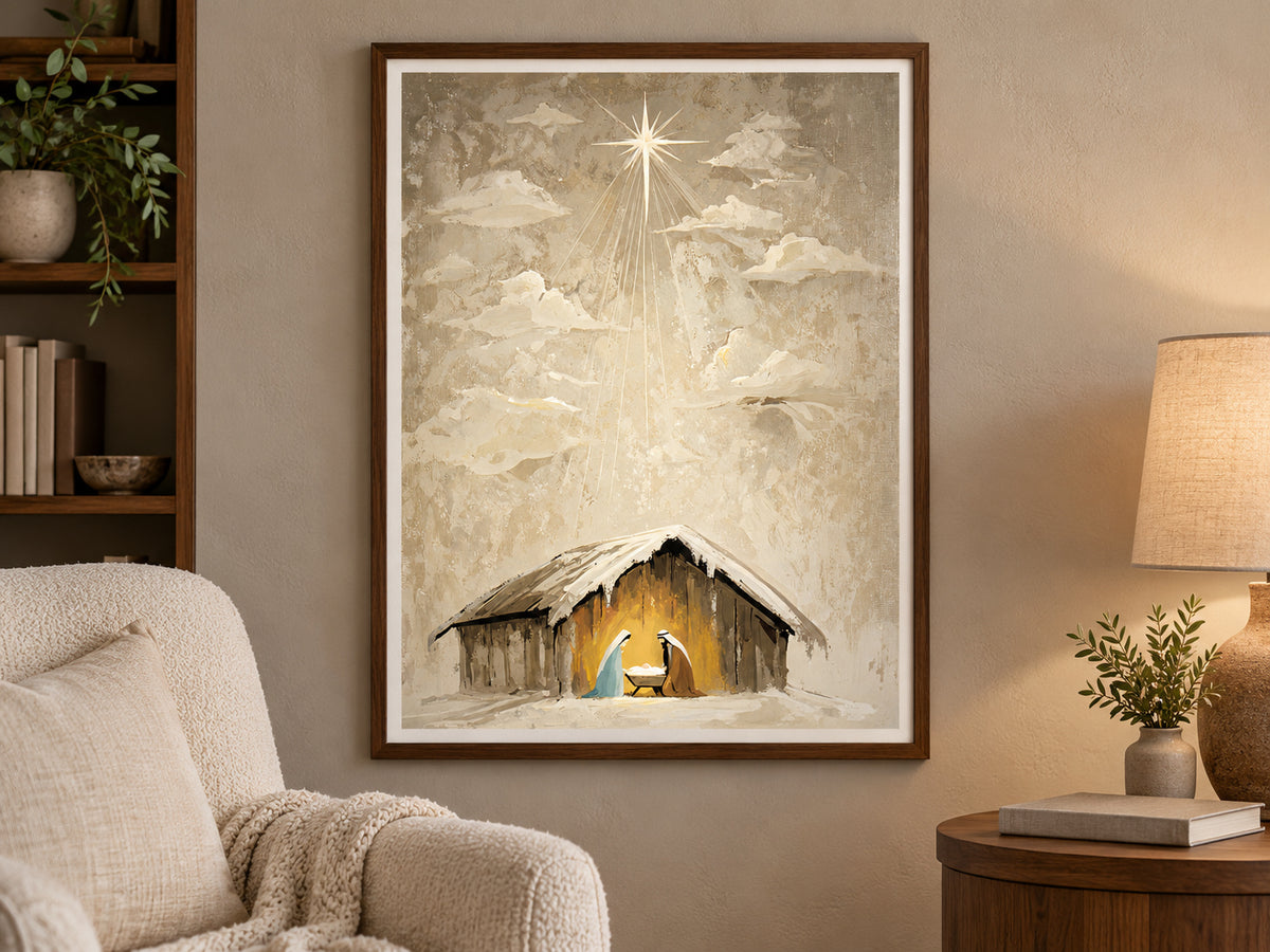 Heaven Came Down #3 in a walnut frame beside a cream reading chair