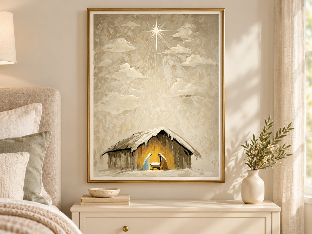 Heaven Came Down #3 in a slim gold frame in a quiet neutral bedroom