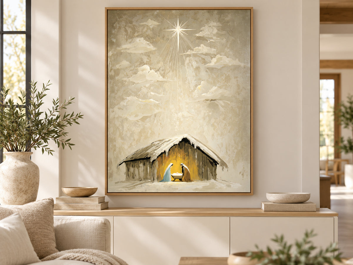 Heaven Came Down #3 on canvas in an oak floating frame in a neutral family room