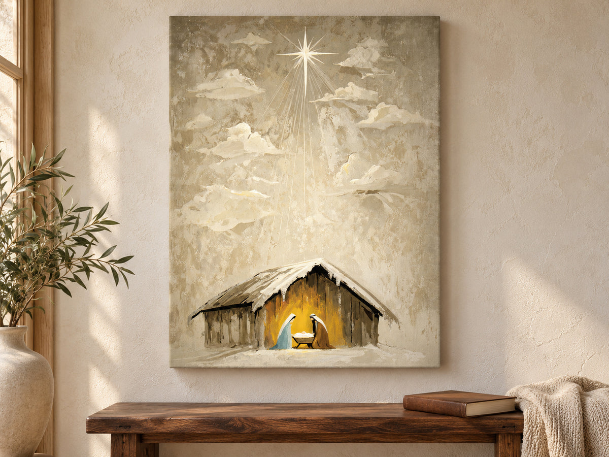 Heaven Came Down #3 as an unframed canvas above a walnut bench in a reading corner