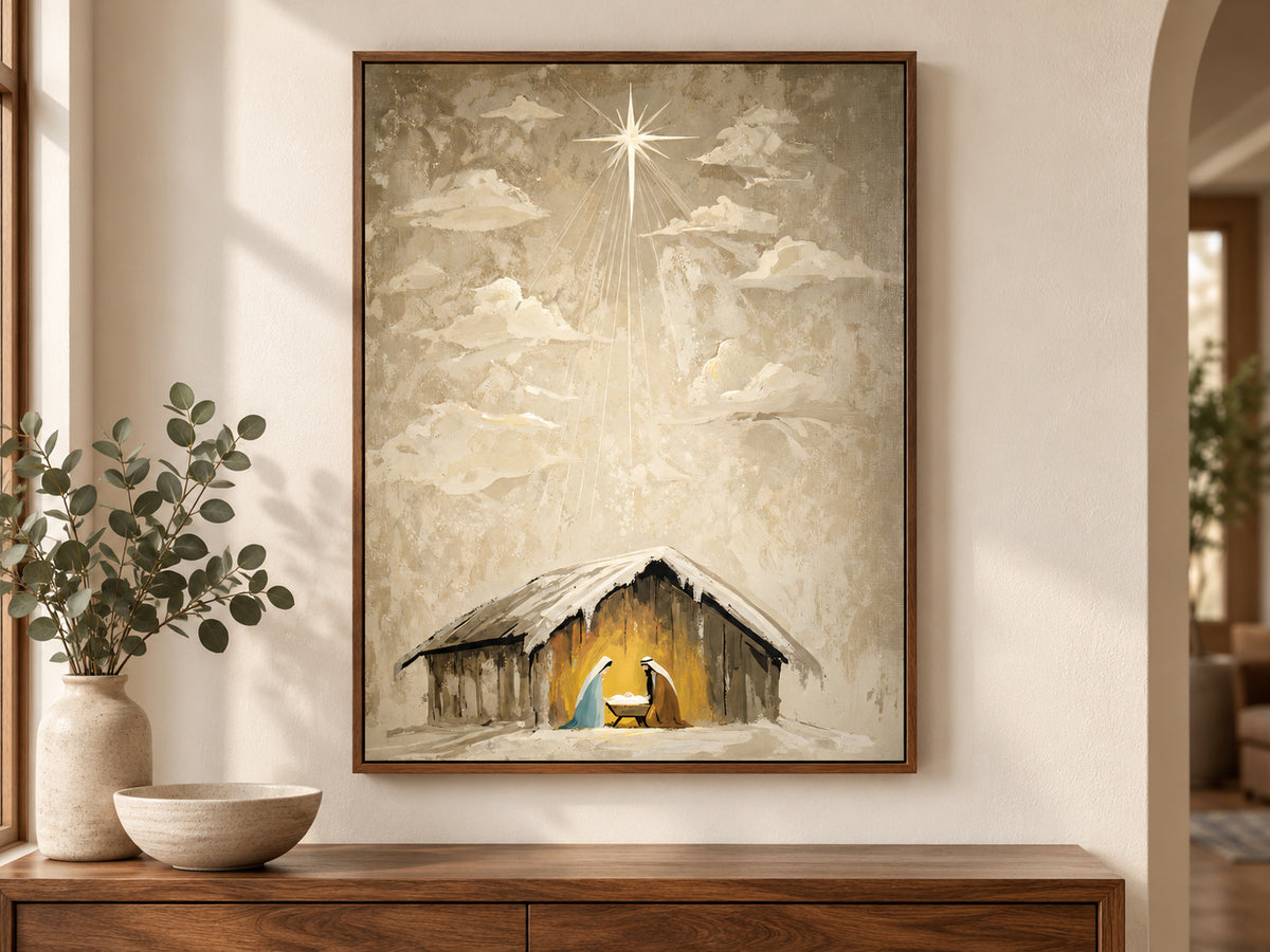 Heaven Came Down #3 on canvas in a walnut floating frame above an entry console