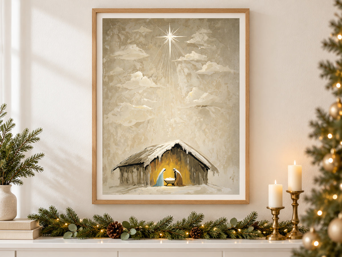 Heaven Came Down #3 in an oak frame above a console styled with evergreen and brass for Christmas