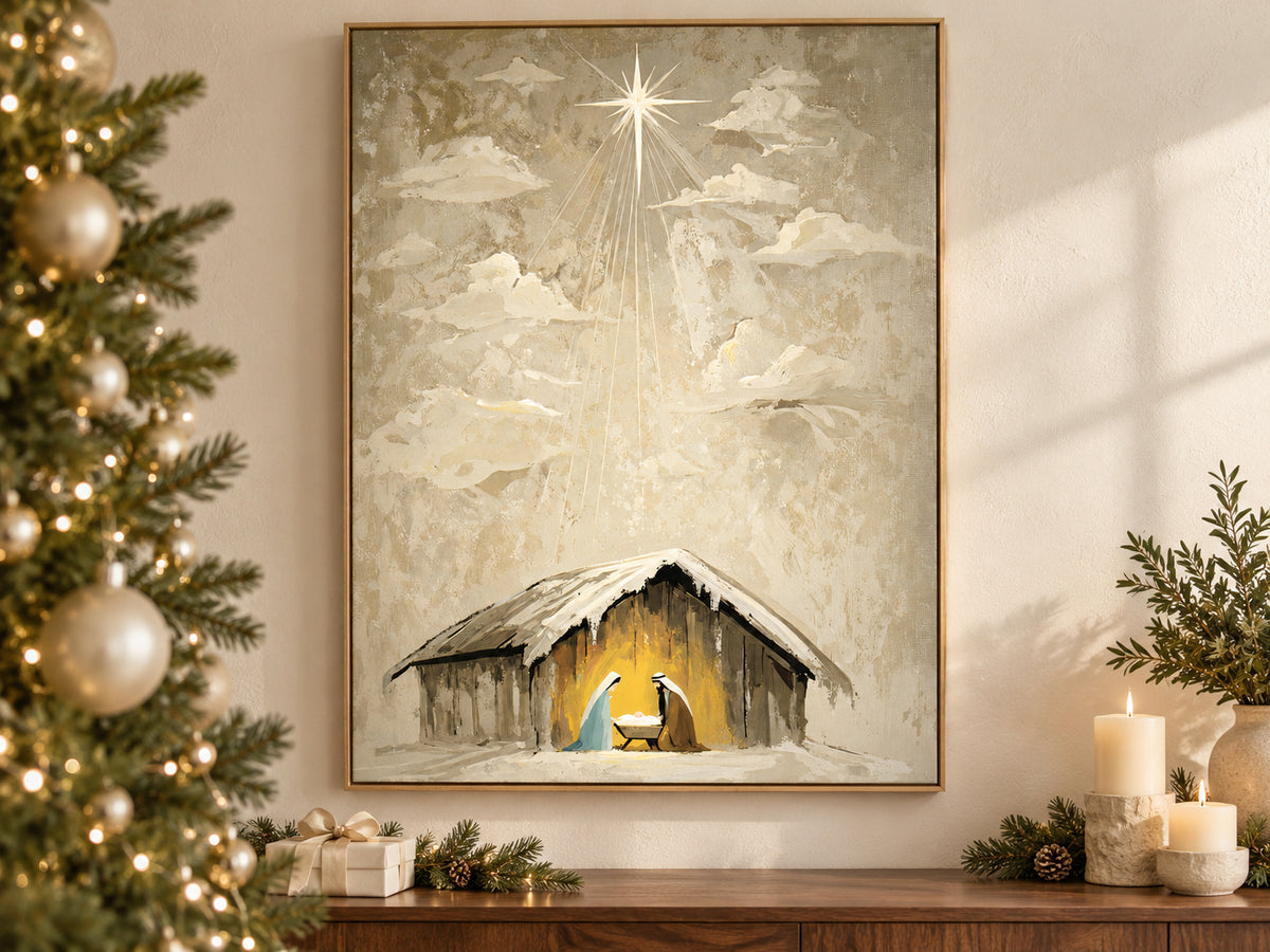 Heaven Came Down #3 on canvas beside a softly lit Christmas tree in a family room