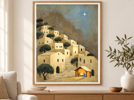 Light Over Bethlehem in a slim oak frame above a console in a sunlit living room