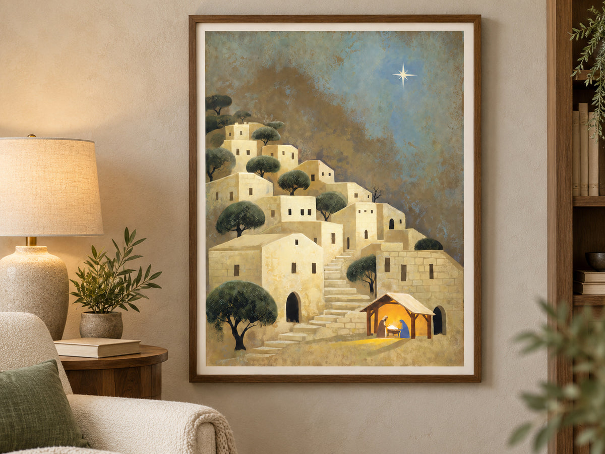 Light Over Bethlehem in a walnut frame beside a cream reading chair