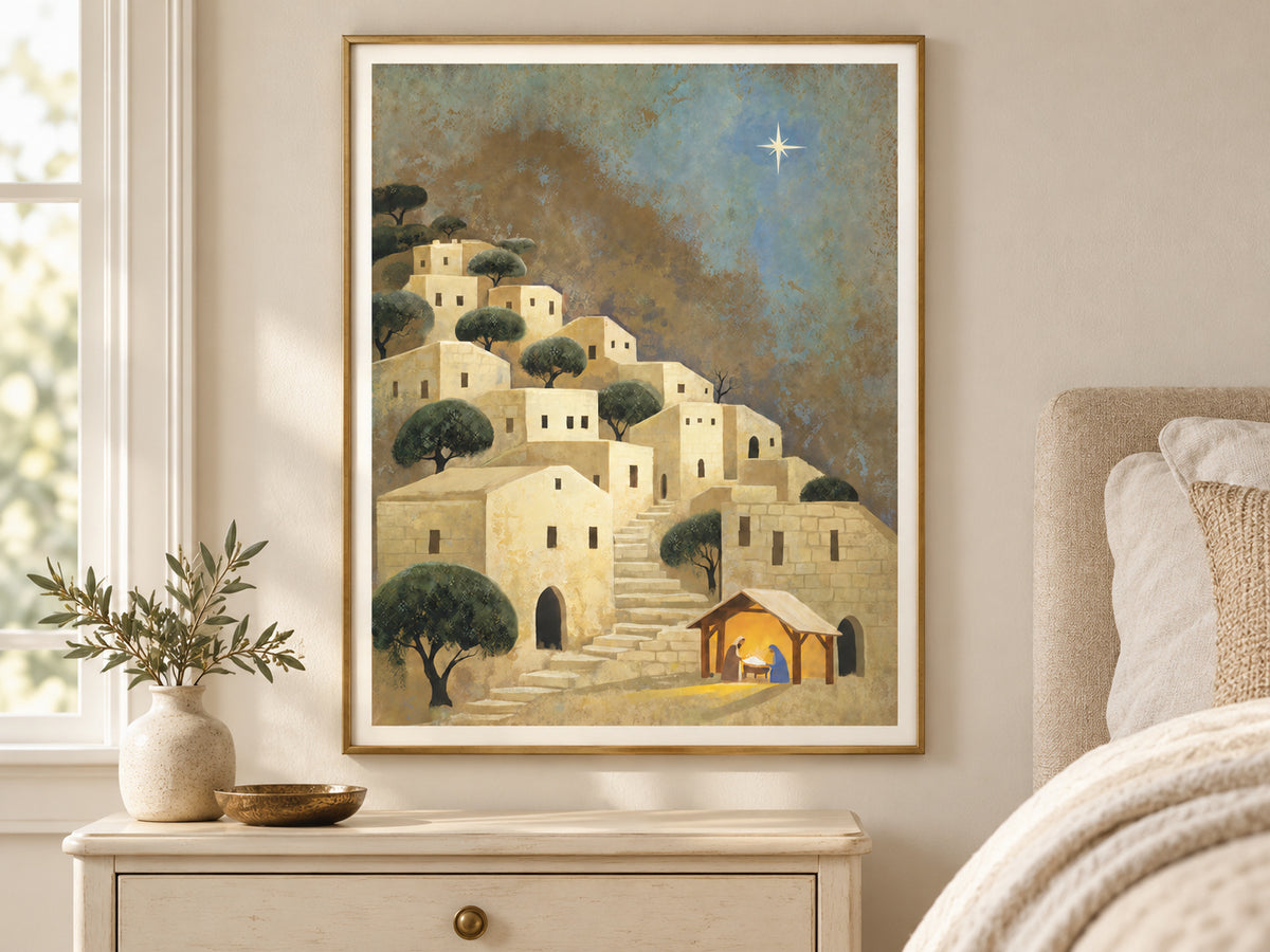 Light Over Bethlehem in a slim gold frame in a quiet neutral bedroom