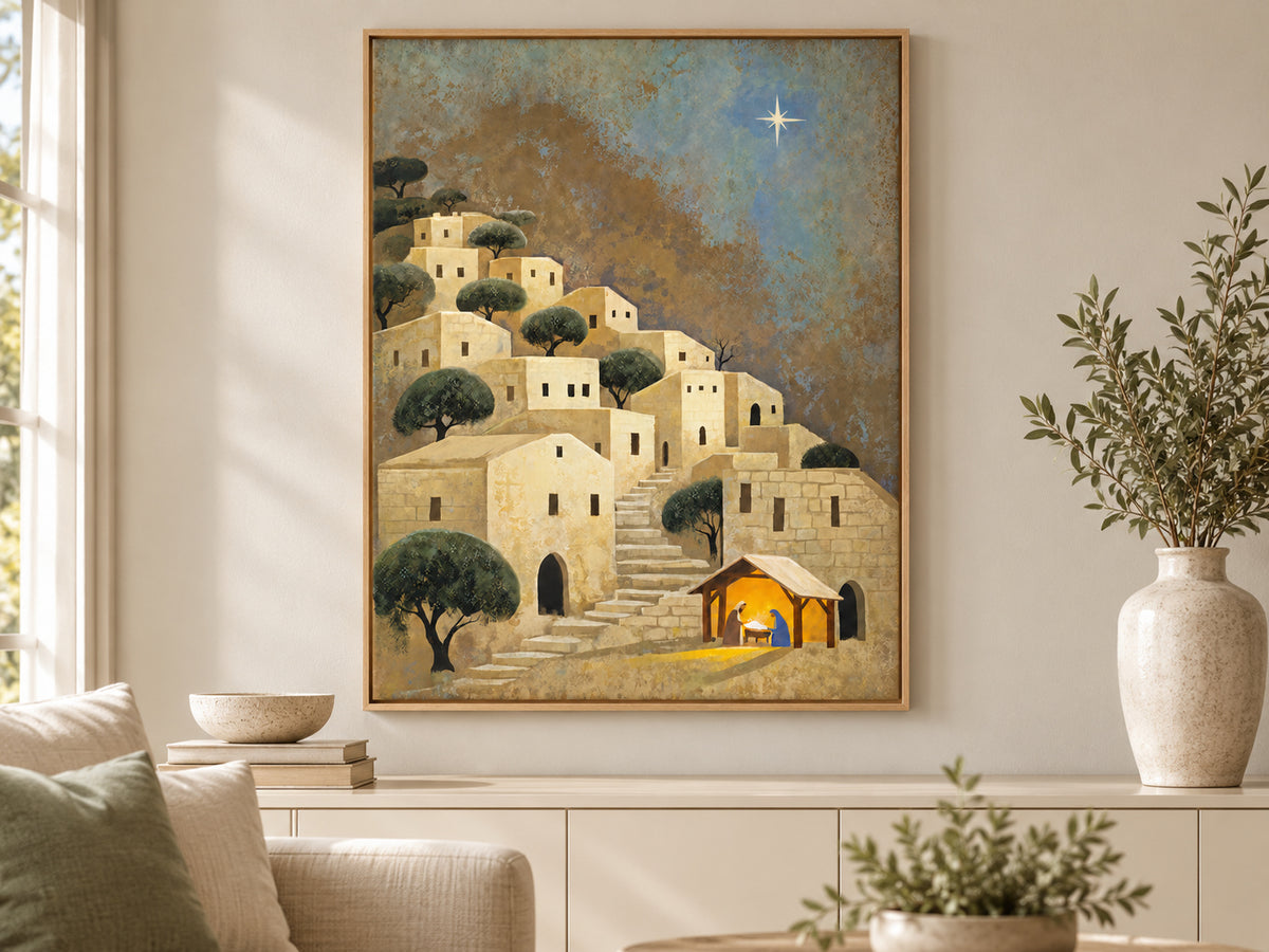 Light Over Bethlehem on canvas in an oak floating frame in a neutral family room