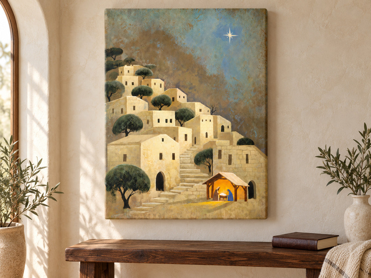Light Over Bethlehem as an unframed canvas above a walnut bench in a reading corner