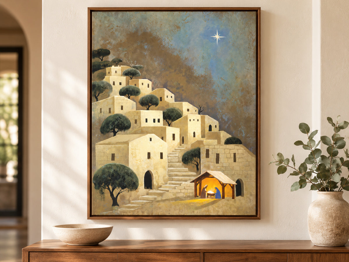 Light Over Bethlehem on canvas in a walnut floating frame above an entry console