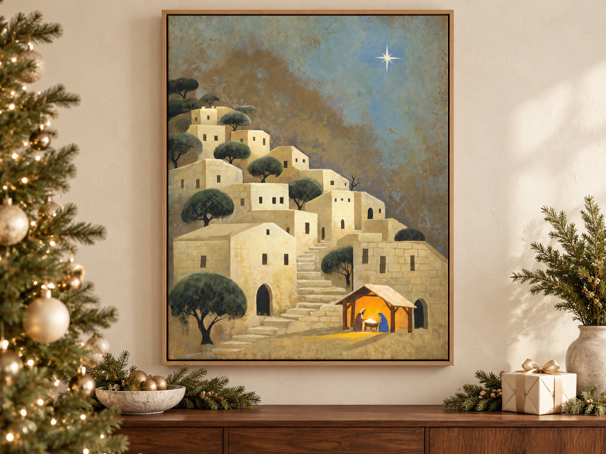 Light Over Bethlehem on canvas beside a softly lit Christmas tree in a family room
