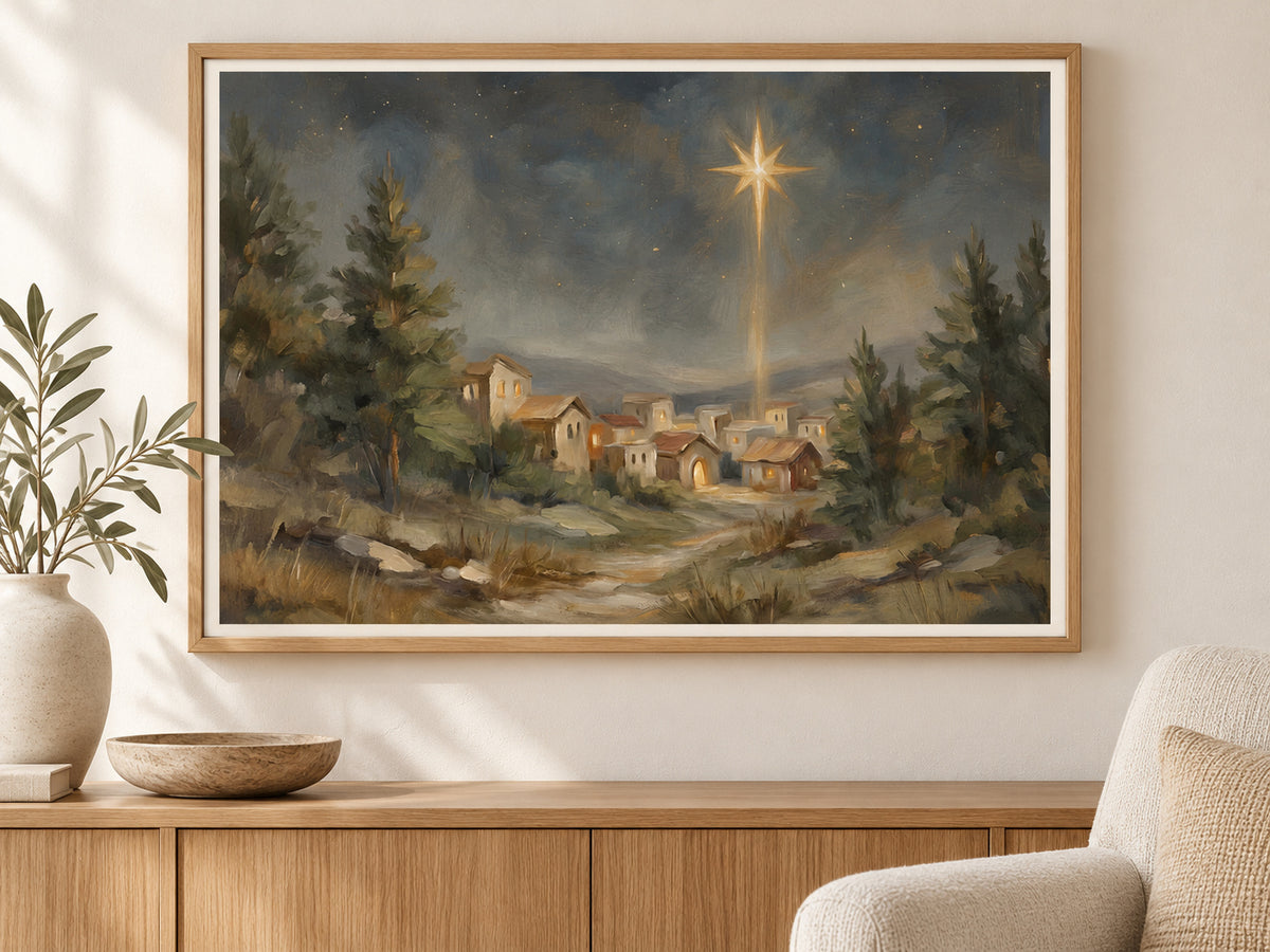 O Holy Night #2 in a slim oak frame above a console in a sunlit living room