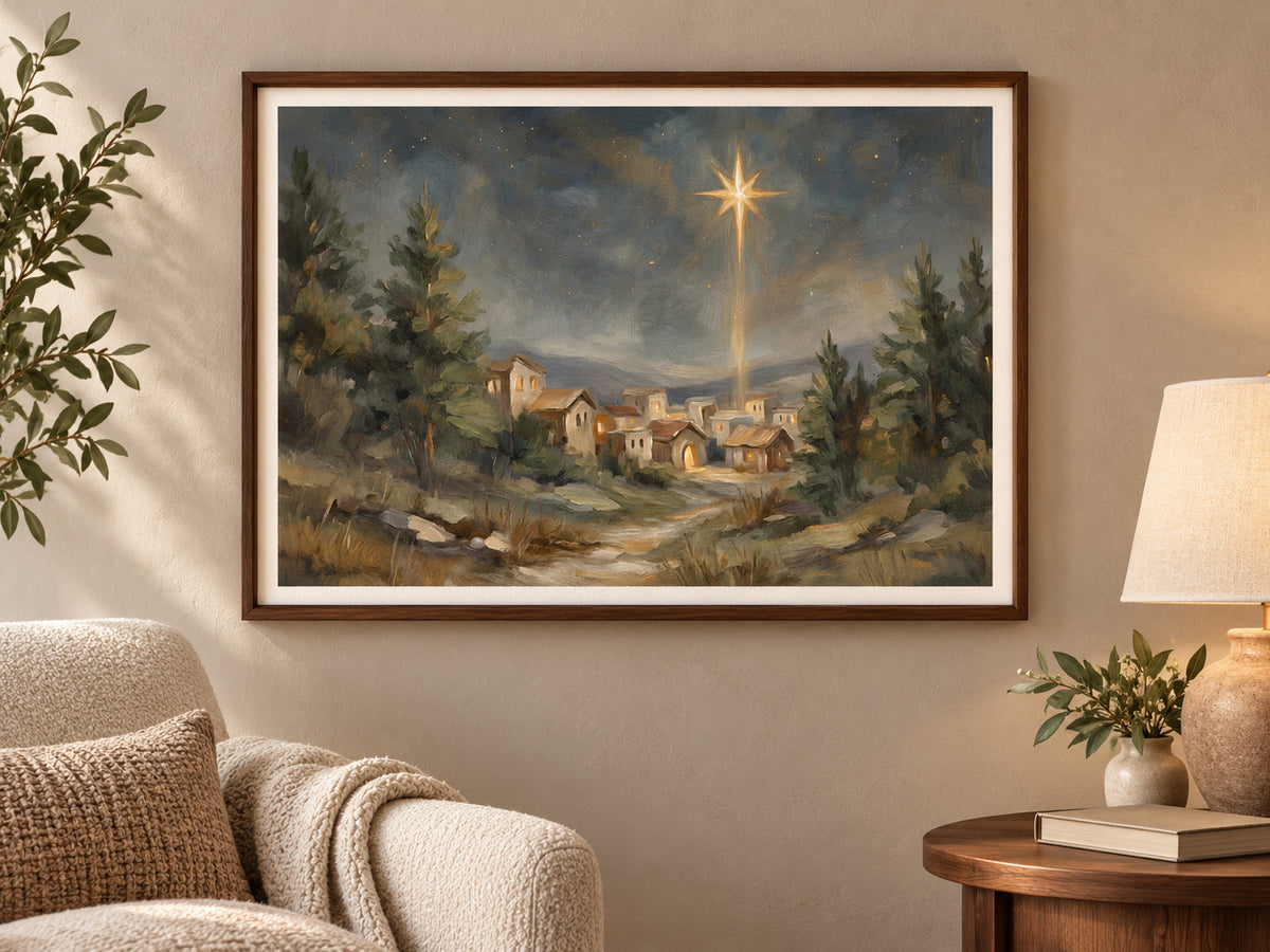 O Holy Night #2 in a walnut frame beside a cream reading chair