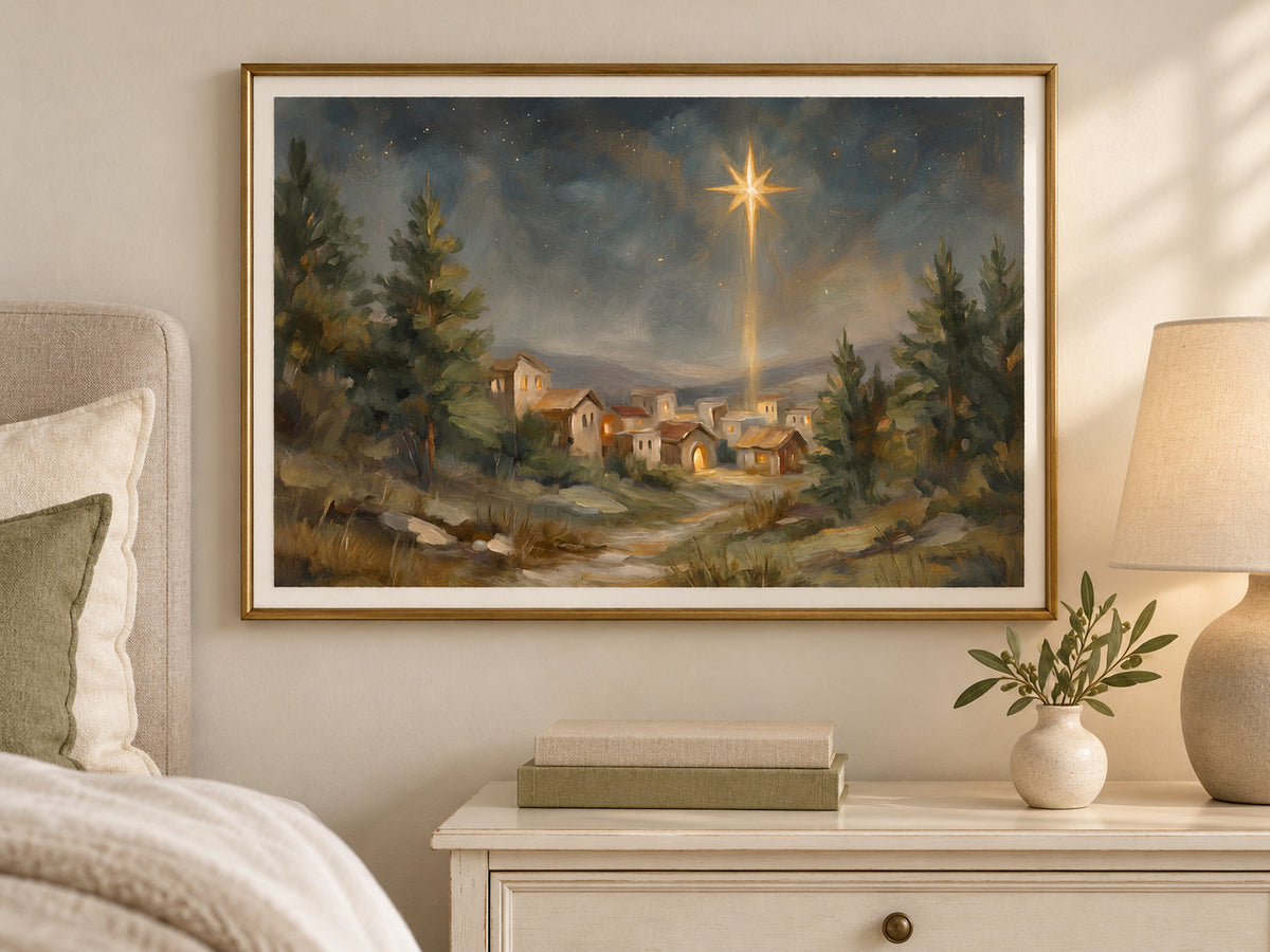 O Holy Night #2 in a slim gold frame in a quiet neutral bedroom