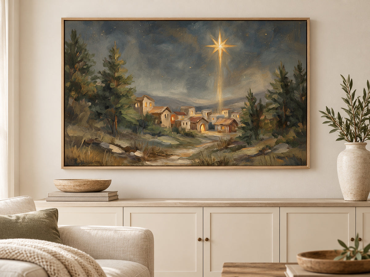 O Holy Night #2 on canvas in an oak floating frame in a neutral family room