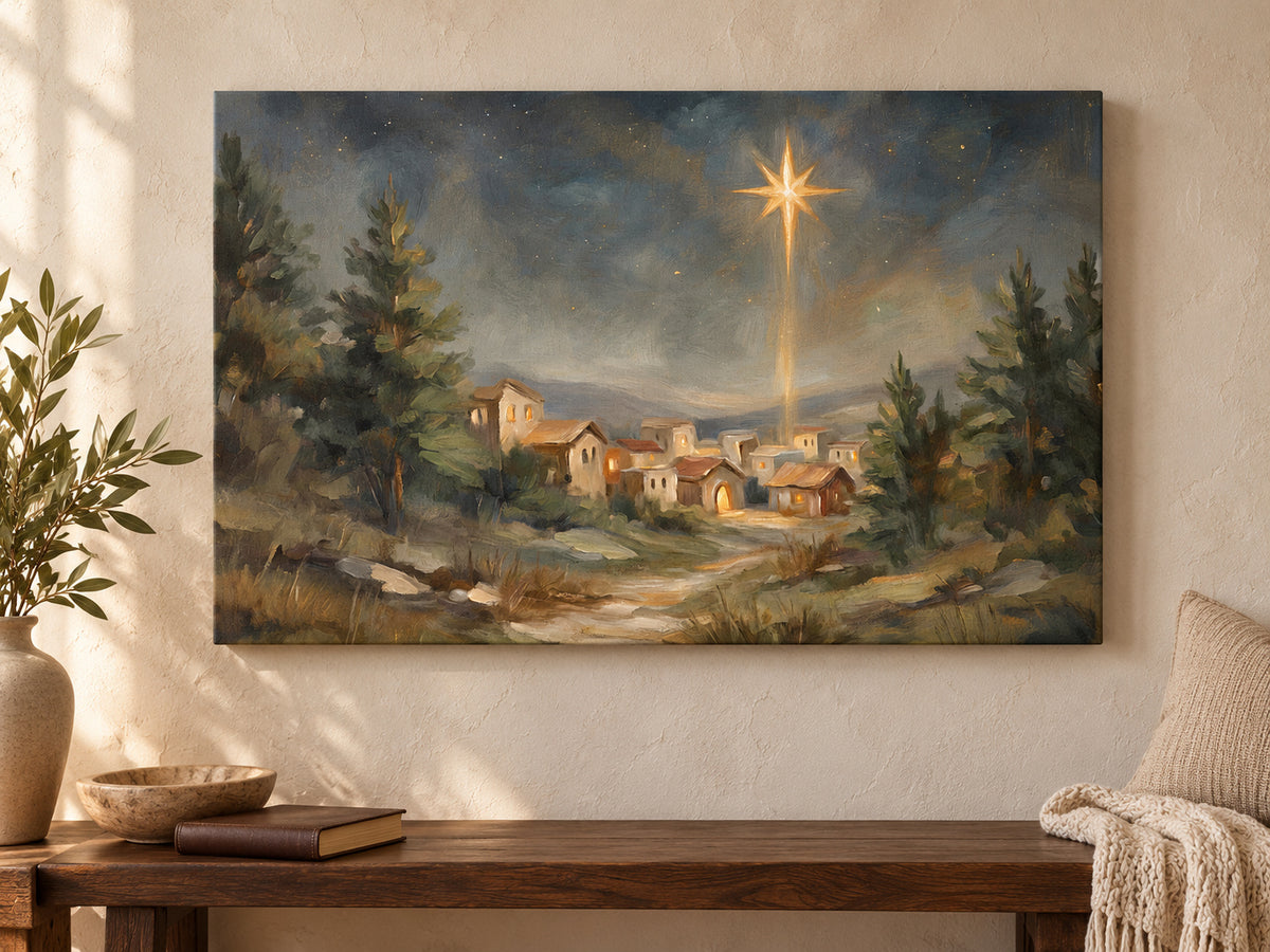 O Holy Night #2 as an unframed canvas above a walnut bench in a reading corner