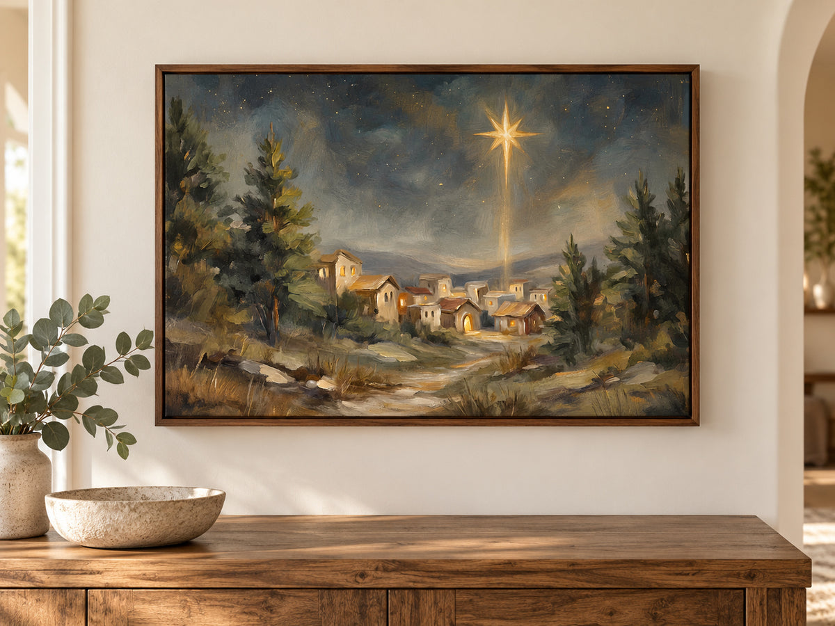 O Holy Night #2 on canvas in a walnut floating frame above an entry console