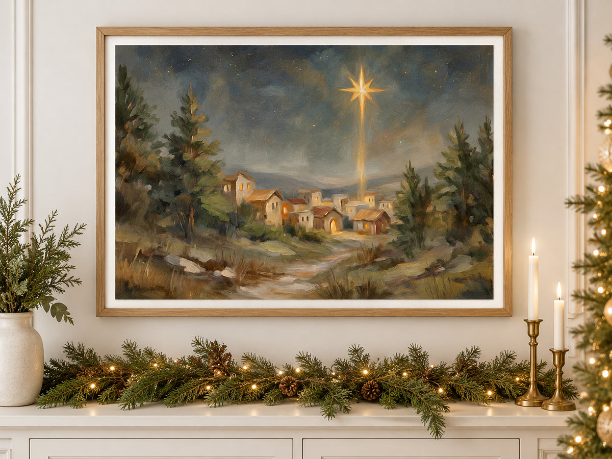 O Holy Night #2 in an oak frame above a console styled with evergreen and brass for Christmas