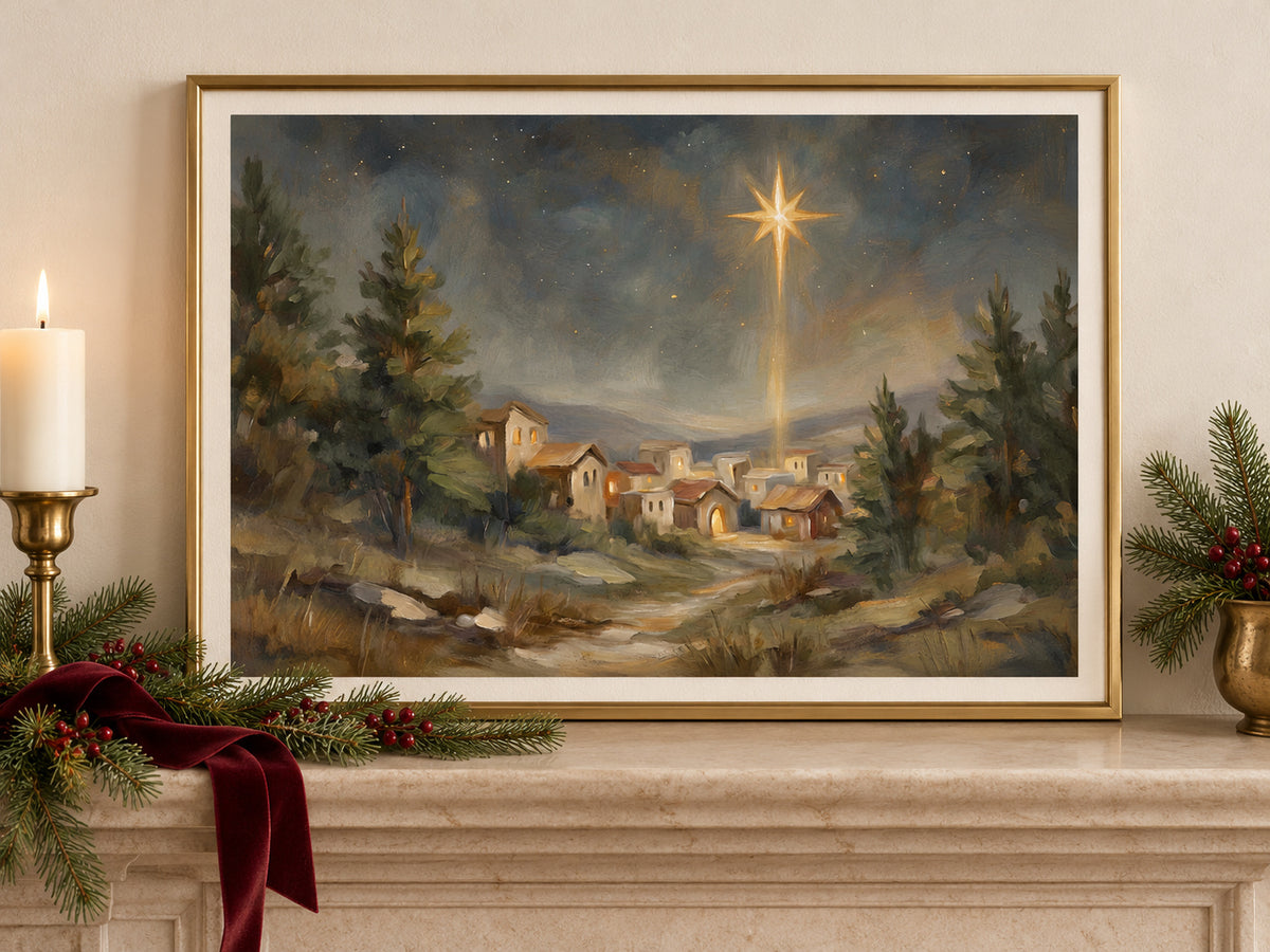 O Holy Night #2 in a gold frame on a Christmas mantel with greenery and velvet ribbon