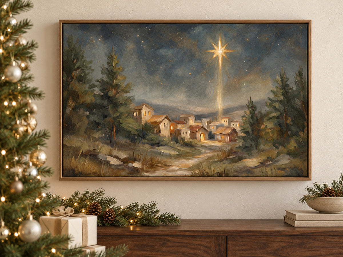 O Holy Night #2 on canvas beside a softly lit Christmas tree in a family room