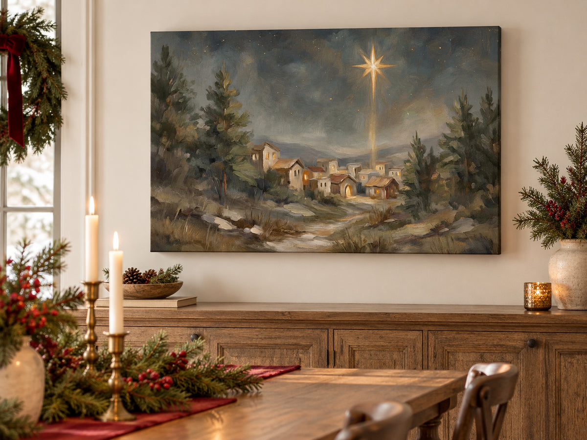 O Holy Night #2 as an unframed canvas in a dining room styled with evergreen and brass for Christmas