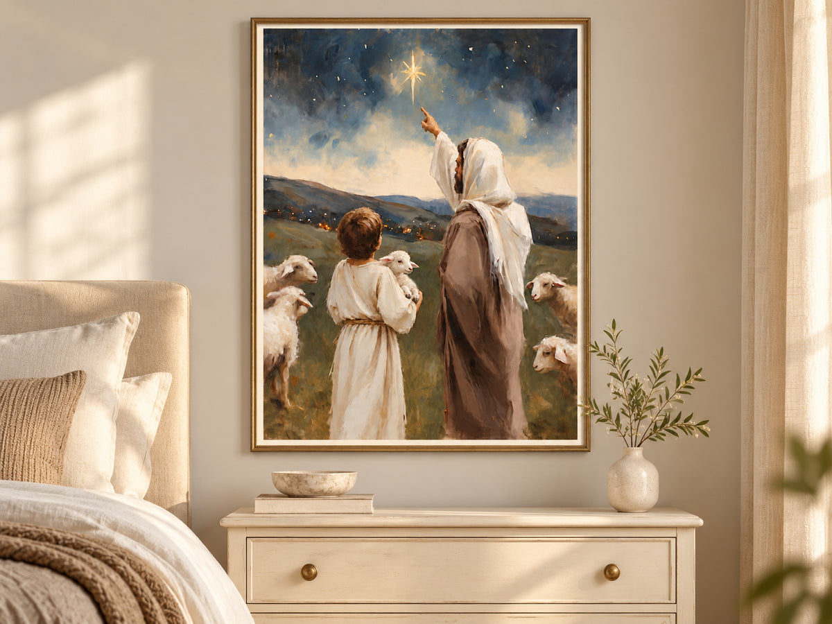 Look Toward the Light in a slim gold frame in a quiet neutral bedroom
